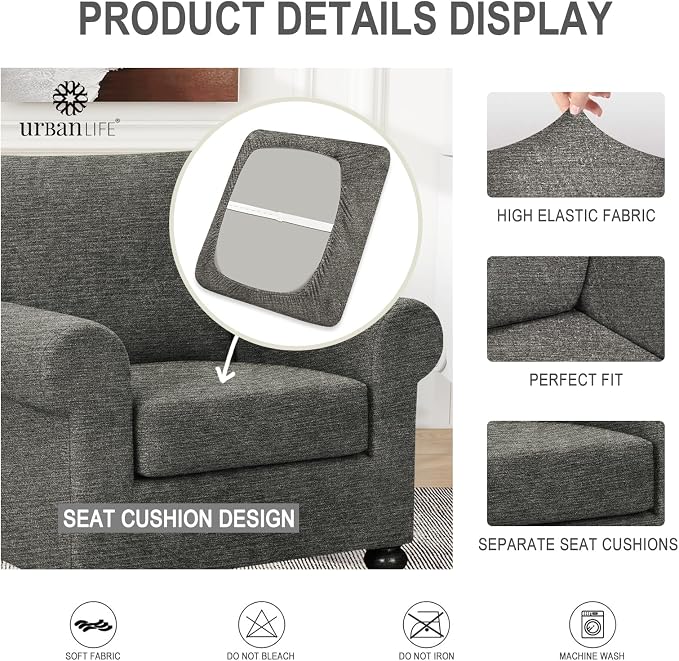 URBANLIFE 2-Piece Stretch Sofa Covers for 1 Cushion Couch, Gray | Super fitted spandex slipcovers for couches. Non-slip elastic bottom. Machine washable furniture protector for kids & pets. - Image 7