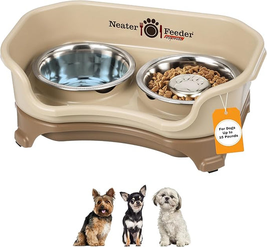 Neater Feeder Express Mess Proof Dog Bowls Elevated for Small Breeds Under 15 Lb, Made in USA, No Spill Raised Dog Food Bowl Stand, Stainless Steel Slow Feed and Standard Water Bowl Set, Cappuccino by NeaterPets