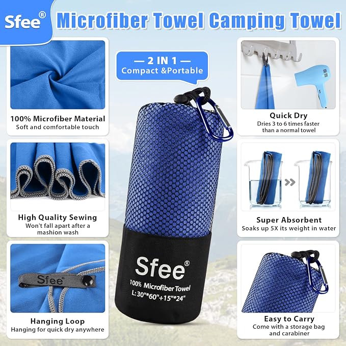 Sfee 2 Pack Microfiber Travel Towel, Quick Dry Beach CampingTowel Super Absorbent Compact Lightweight Sport Gym Towels for Beach, Gym, Hiking, Pool, Backpacking, Bath, Yoga - Image 2