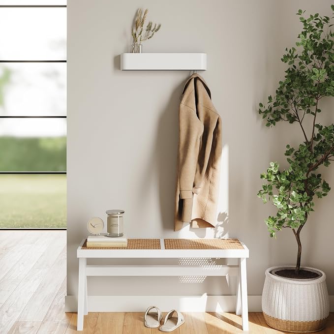 Kazai. Wall-Mounted Coat Rack 'Toke' - Modern Design Coat Rack with Hidden Wall Hooks - Solid Wood Veneer Panel Coat Hanger - White - Image 6
