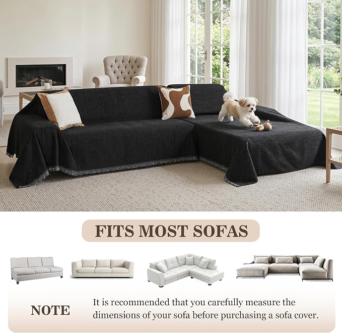 MEETSKY Washable Sofa Cover Black Sectional Couch Covers for 2 Cushion Couch Sofa Thick Universal Chenille Sofa Covers with Tassel Furniture Protector for Dogs, 71"x 102" - Image 6