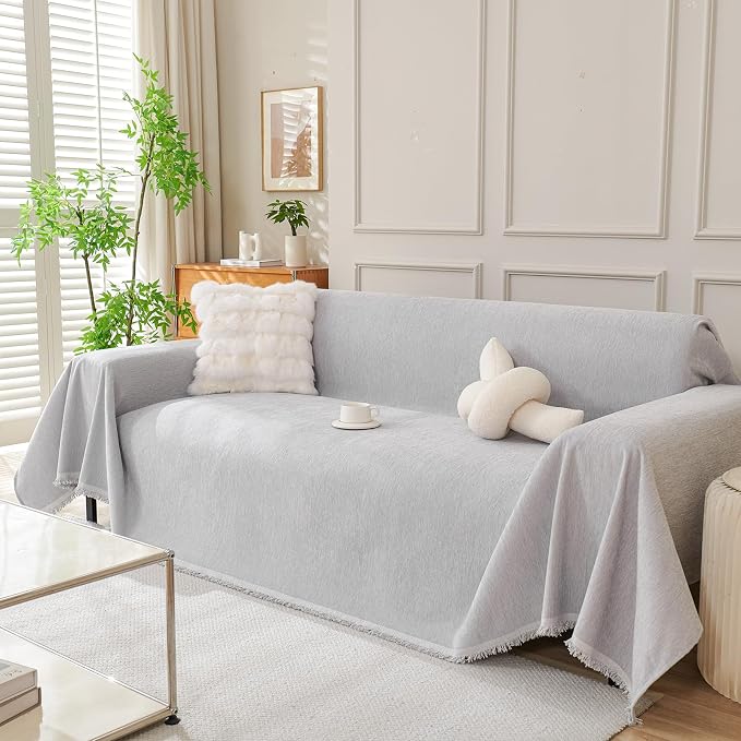 DREAMINGO Sofa Covers Washable Thick Chenille Couch Cover for 2 Cushion Couch Sofa Multi-Use Couch Cover Blanket Modern Pet Furniture Protector Sectional Couch Slipcover 71"x118", Light Grey by DREAMINGO