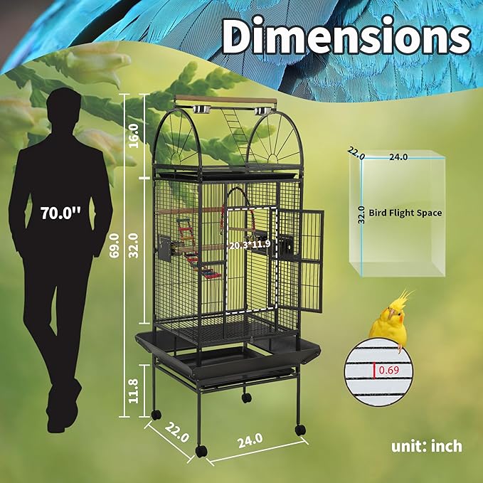 68'' Large Parrot Cage, Large Bird Cages for Parrots,Conure Cage for Birds, Cockatiel Cage with Play Top,Feeders,Slide-Out Tray,Seed Catcher,Birdcage Toys for Cockatoo,African Grey,Lovebird - Image 2