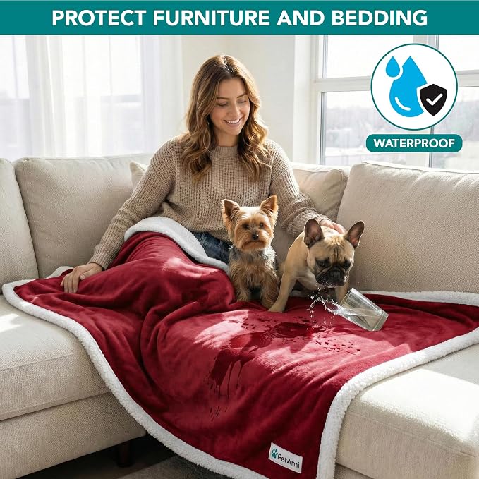 PetAmi Waterproof Dog Blanket for Couch, Pee Proof Sherpa Fleece Reversible Pet Throw, Furniture Protector for Bed Sofa Kennel, Soft Washable Cover for Small Medium Dog Puppy Cat, 29x40 Wine Red - Image 2