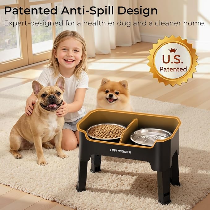 URPOWER Mess Proof Elevated Dog Bowls for Small Dogs with Splash Guard | 4 Height Adjustable Raised Stand with 2 Stainless Steel Food Bowls & Licking Plate for Small, Medium & Large Dogs - Image 2