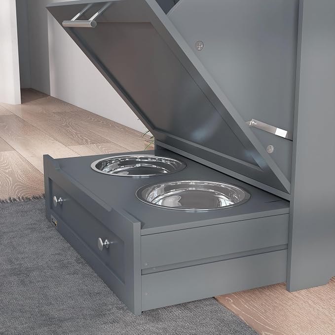 PawHut Dog Feeding Station with Raised Bowls, Pet Feeder Station, Gray | Dog Food Storage Cabinet, Hanger for Feeding & Watering Supplies - Image 9