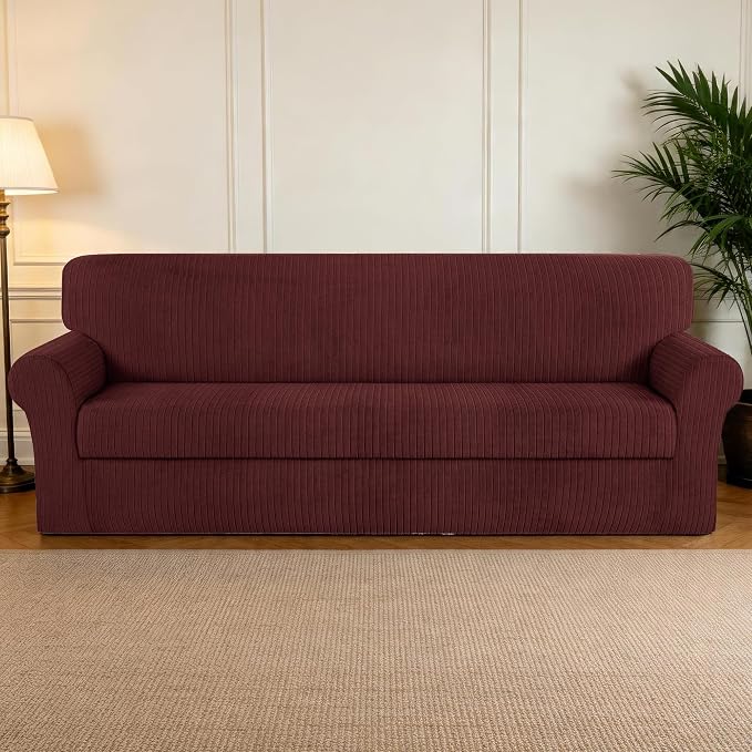 Oversized Sofa Cover Stretching Skid Resistance Couch Cover for Pets Washable, Thick and Durable Soft High Spandex Striped Pattern Sofa Covers (Oversized Sofa, Burgundy) - Image 7