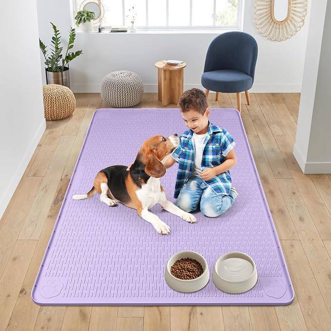 Dog Food Mat 50''x35'' Extra Large Dog Mat for Food and Water, Purple | Silicone Dog Bowl Mat with Raised Edge, Waterproof Non-Slip Pet Feeding Mat for Floors, fit for Dog Cat Bowls - Image 6