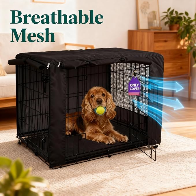 HiCaptain Breathable Dog Crate Cover 36 Inch, Durable Heavy Duty Kennel Cover, Dual Zippered Panels, Windproof Waterproof UV-Resistant(Black) - Image 2
