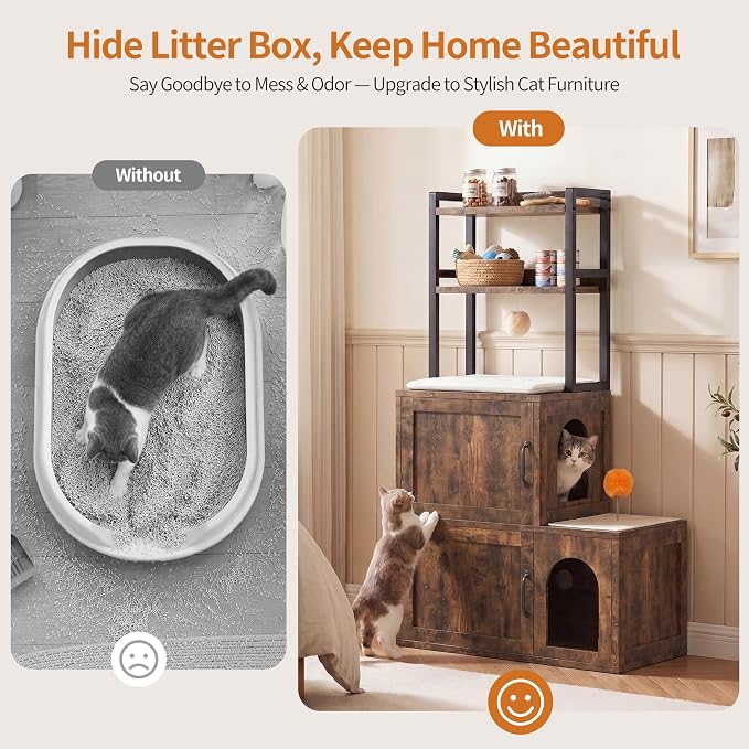 Heybly Cat Litter Box Enclosure Furniture, Double Hidden Litter Box Cabinet with Cat Tree, Large Litter Box Enclosure with Shelves & Storage, Cat House for 2 Cats, Cat Box Enclosure, Rustic HCLB002SR - Image 6