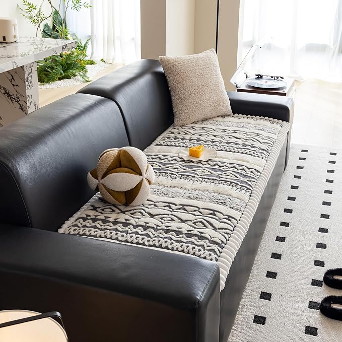 VClife Boho Couch Cover, Soft Fuzzy Couch Covers for Dog, Non-Slip Furniture Protector, Washable Durable Sofa Covers for Couch/Bench, Tribal White Grey Geometric Slipcover, 27.6" x 82.7" - Image 6