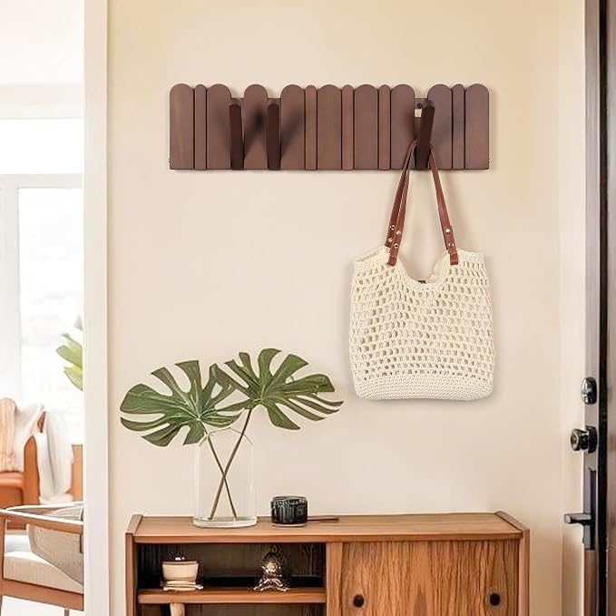 Wall Coat Rack for Entryway: Folding Wood Modern Heavy Duty 8 Hooks | 21.6'' Wall Mounted for Mid Century Home Decor Bathroom Bedroom Hallway for Hanging Towel Jacket Backpack Bag - Image 5