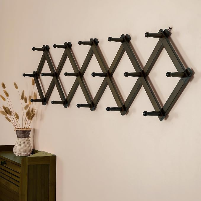 SKOLOO Accordion Wall Hanger with 16 Hooks, Modern Expandable Coat Rack Hat Rack for Wall, Solid Wooden, Dark Walnut Color - Image 3