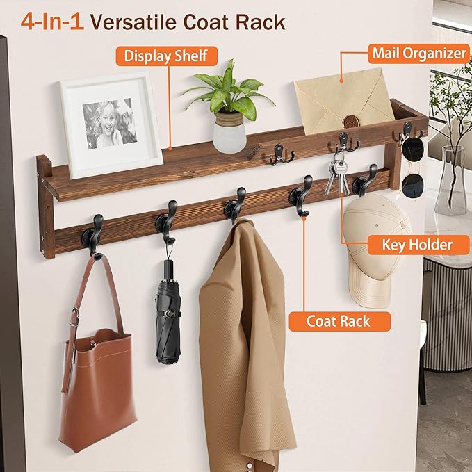 29'' Coat Rack Wall Mount with Shelf, Coat Hanger Wall Mount with Key Hooks and Mail Holder, Wood Entryway Floating Shelf with Hooks and Storage, Hat Rack for Wall Key Holder Mail Organizer - Image 2
