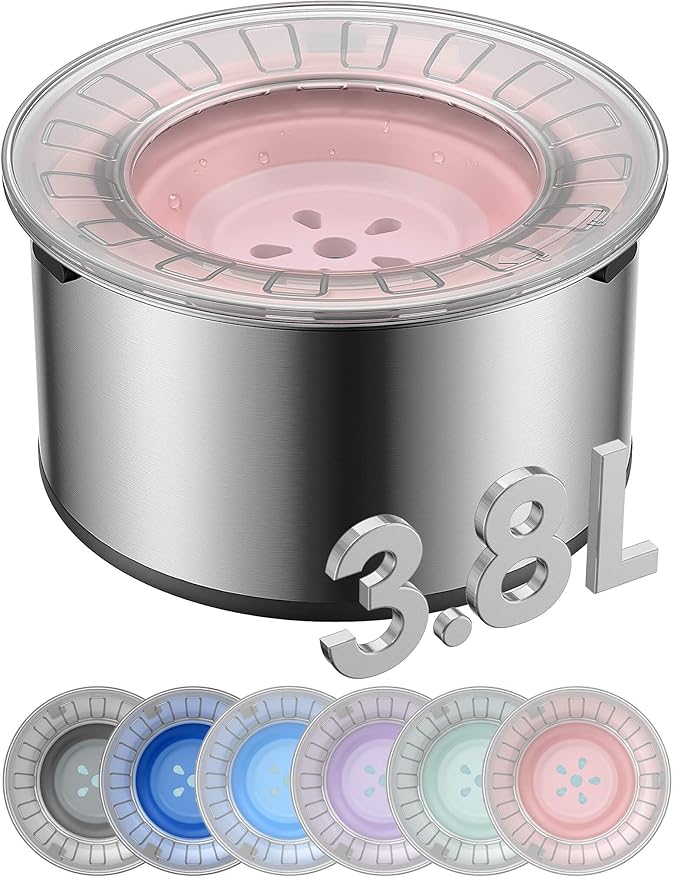 Heouvo 1 Gallon No Spill Dog Water Bowl with Slow Drink Floating Disk(Pink) | Splash-Proof Lid + Stainless Steel Bowl/Rubber Bottom/Slobber Stopper Water Bowl for Large Sloppy Messy Drinkers Reduce Mess by Heouvo