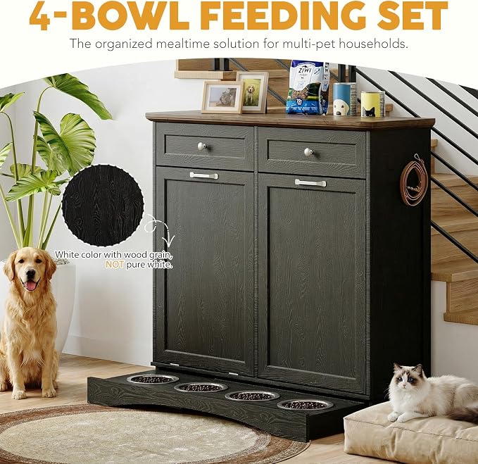 39.7’’W Dog Feeding Station, Tilt-Out Dog Food Cabinet for Multi-Pets, Pet Feeder Station with 4 Feeding Bowls, Dog & Cat Storage Organizer with Hanging Rod, (Black, Dual Doors) - Image 5