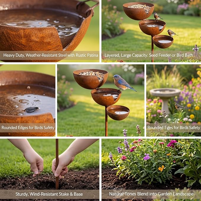 Multi-Tier Rain Catcher Garden Stake Bird Bath for Outdoors - Rustic Metal Bee Watering Station, Decorative Flower Garden Stakes for Lawn Yard Landscaping (Natural Rust Color) - Image 6