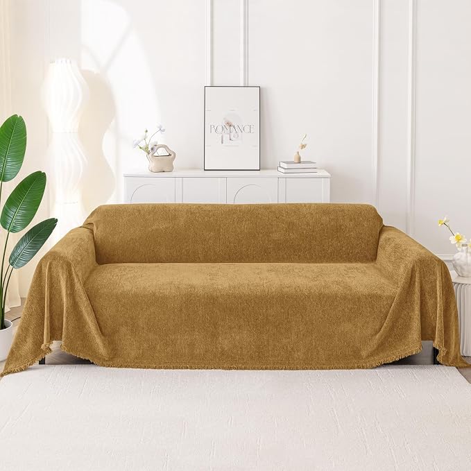 Smiry Couch Cover for Dogs, Chenille Sofa Covers for 3 Cushion Couch | Washable Soft Sofa Slipcover for Pets, Thick Sectional Furniture Protector with Tassels (Yellow, 71x91 Inch) - Image 10
