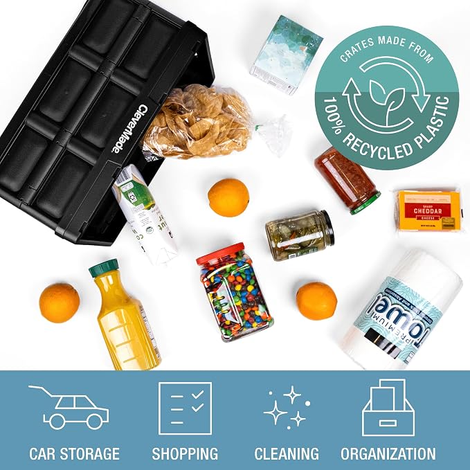 CleverMade Collapsible Storage Bins, 32L 3 Pack, Durable Plastic, Stone | Reinforced plastic handles groceries, tools, and sports gear. Interlocking bins stack open and nest compactly when folded. - Image 4