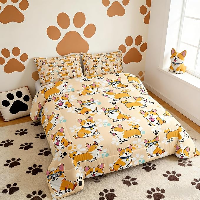 Cute Corgi Comforter Set Twin Size,Cartoon Dog Paw Bedding Set 2pcs for Kids Teens Boys Girls Room Decor, Smiling Dog Quilt Set Kawaii Yellow Duvet Insert with 1 Pillowcase - Image 2