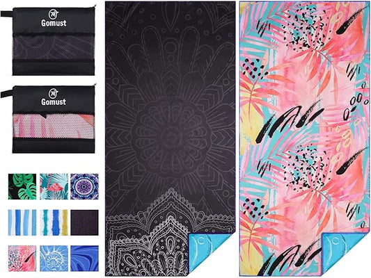Microfiber Beach Towel Oversized 71x32 Black Pink with Bag 2 Pack | Thin Lightweight Sand Free Absorbent Quick Dry Compact Large for Adult Travel Camping Pool Swim Bath Cruise Essentials Gift by Gomust