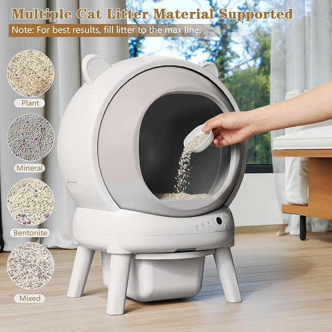 PUPETPO Self Cleaning Litter Box, Automatic Cat Litter Box for Multiple Cats, Auto Litter Box Robot with APP Control, Dual Safety Sensors, Odor Control&Low Noise, Cat Ears Design, Ivory White - Image 7