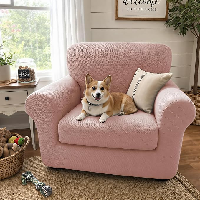 XINEAGE New 2 Pieces Chair Covers with Arms Super Stretch Chair Slipcover for Living Room Pet Dog Universal Slip Cover Anti Slip Armchair Furniture Protector (Dusty Pink), 31"-46"(1 Cushion) - Image 3