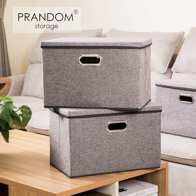 PRANDOM Large Collapsible Storage Containers with Lids [5-Pack] Linen Fabric Foldable Storage Bins Boxes Organizer Baskets Cube with Cover for Home Bedroom Closet Office Nursery (17.7x11.8x11.8) - Image 2