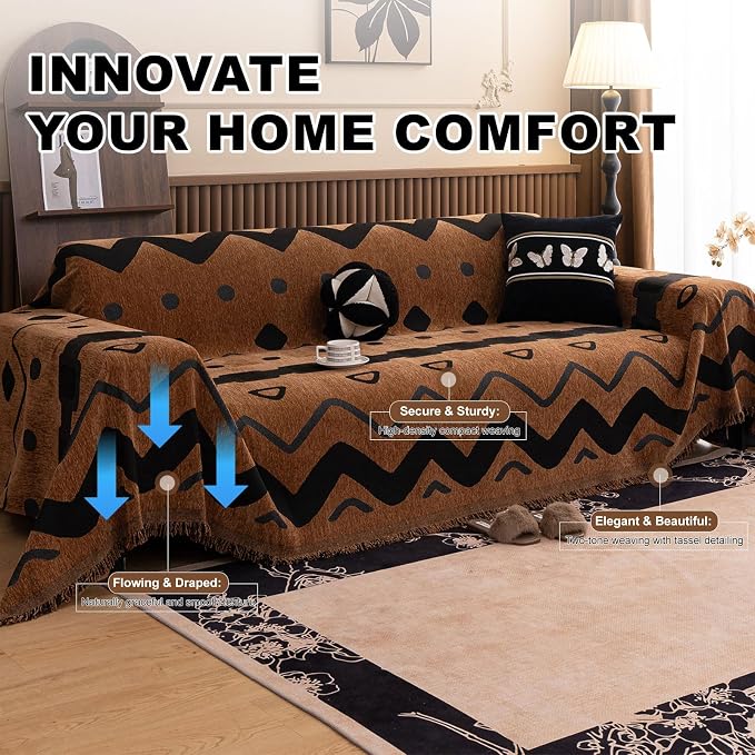 ROOMLIFE Dark Brown Couch Cover 3 Cushion Sofa, Washable Non Slip Furniture Sofa Protector Cover, Soft Chenille Sofa Slipcovers Sectional L Shape Dogs Couch Cover Throw Blanket with Tassels71''X150'' - Image 2