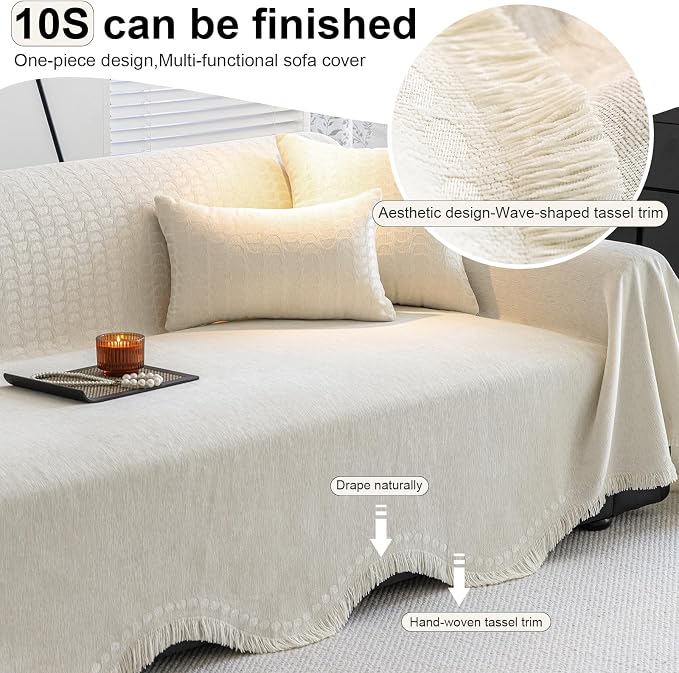 ROOMLIFE Boho White Couch Cover for Dogs, Washable Non Slip Furniture Protector Couch Sofa Covers for 3 Cushion Couch, Soft Chenille Couch Cover Throw Blanket with Tassels 71''X134'' - Image 5
