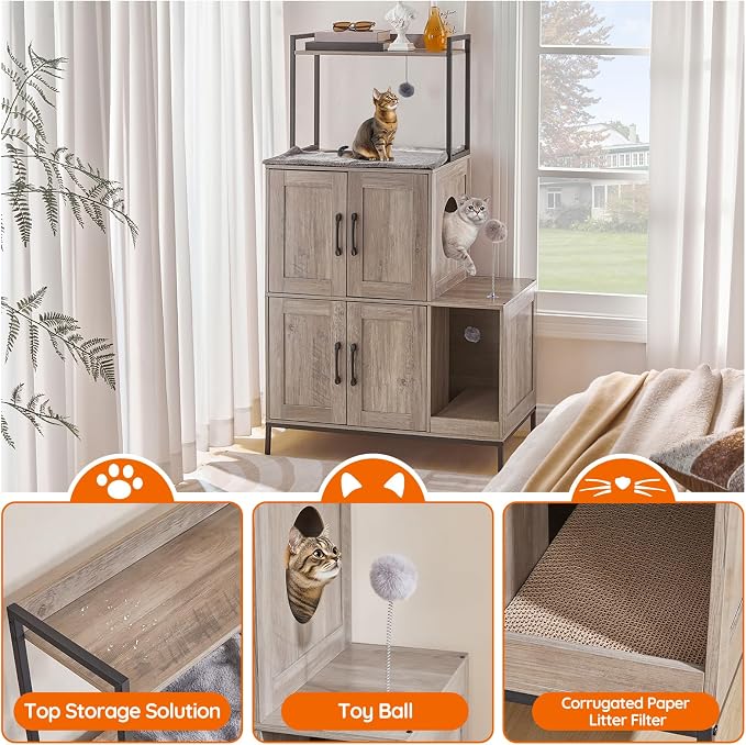 HOOBRO Cat Litter Box Enclosure Furniture, 2 in 1 Hidden Litter Box Furniture with Shelf, Double Litter Box Cabinet with 2 Dangling Plush Balls and 1 Toy Ball, Greige and Black BG78MW01 - Image 7