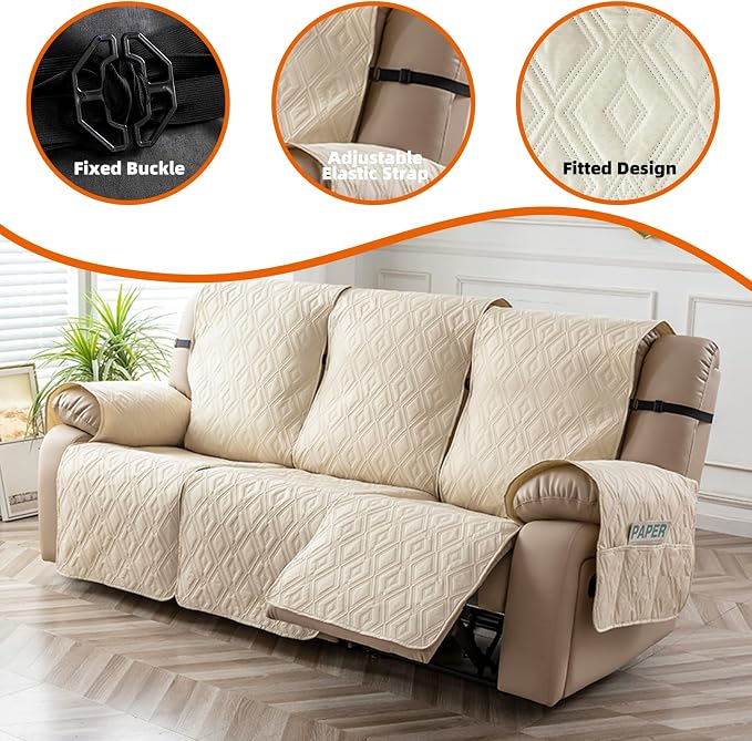 Genina Waterproof Recliner Cover - 3 Seater Non-Slip, Washable Sofa Covers for Recliner Couch, Furniture Protector for Dogs & Kids (Beige, Recliner) - Image 7