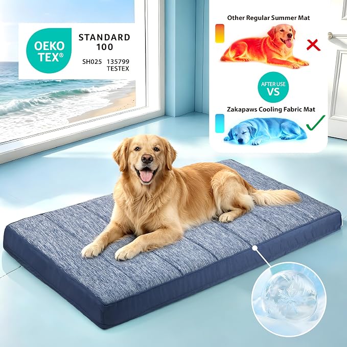 Cooling Dog Bed for Large Dogs - Orthopedic Pet Beds with Memory Foam, QMAX>0.5, Waterproof Removable Washable Cover for Hot Weather, Wander Blue, 35" L x 23" W x 3" H - Image 2