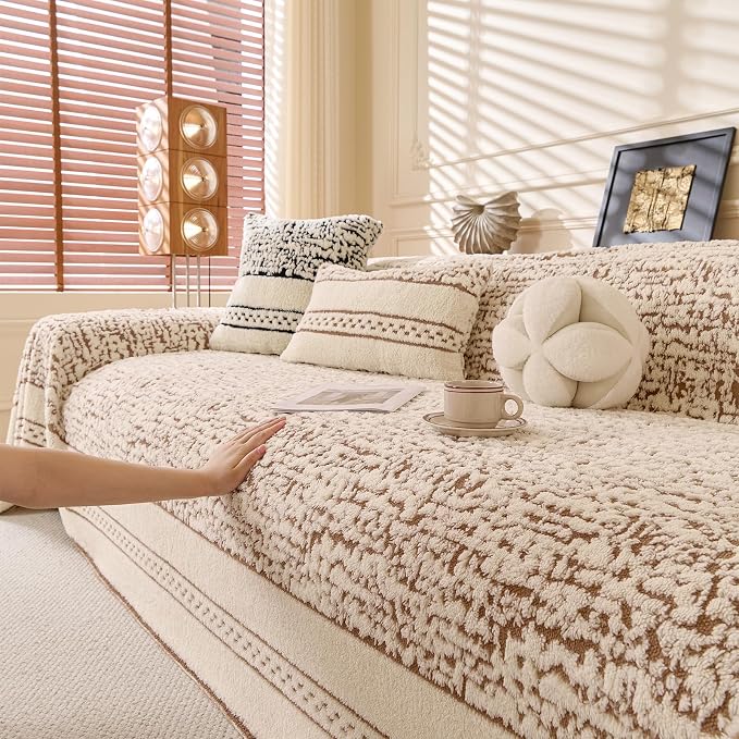 ROOMLIFE Thicked Striped Boho Khaki Couch Cover for 2-3 Cushion Sofa, Fuzzy Plush Warm Sofa Slipcovers Sectional Sofas Covers, Non Slip Washable Furniture Protector Soft with Tassel,Winter 71''X150” by ROOMLIFE