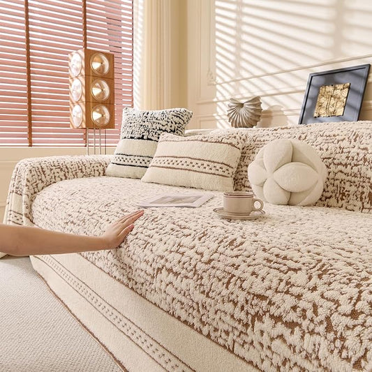 ROOMLIFE Thicked Striped Boho Khaki Couch Cover for 2-3 Cushion Sofa, Fuzzy Plush Warm Sofa Slipcovers Sectional Sofas Covers, Non Slip Washable Furniture Protector Soft with Tassel,Winter 71''X150” by ROOMLIFE