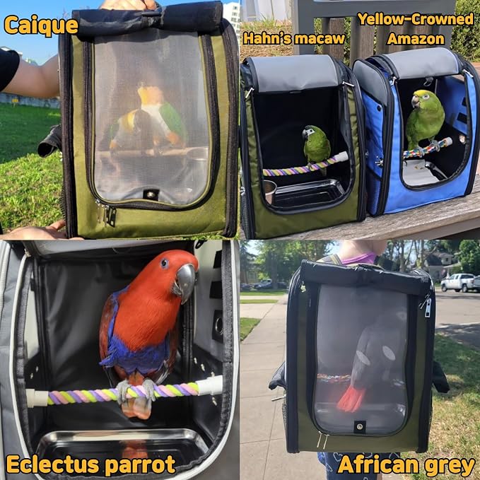 Birds Day Bird Carrier Backpack - Breathable Mesh Portable Parrot Travel Cage with 2PCS Perch, Food Bowl, and Stainless Steel Tray (Charcoal Gray) - Image 7