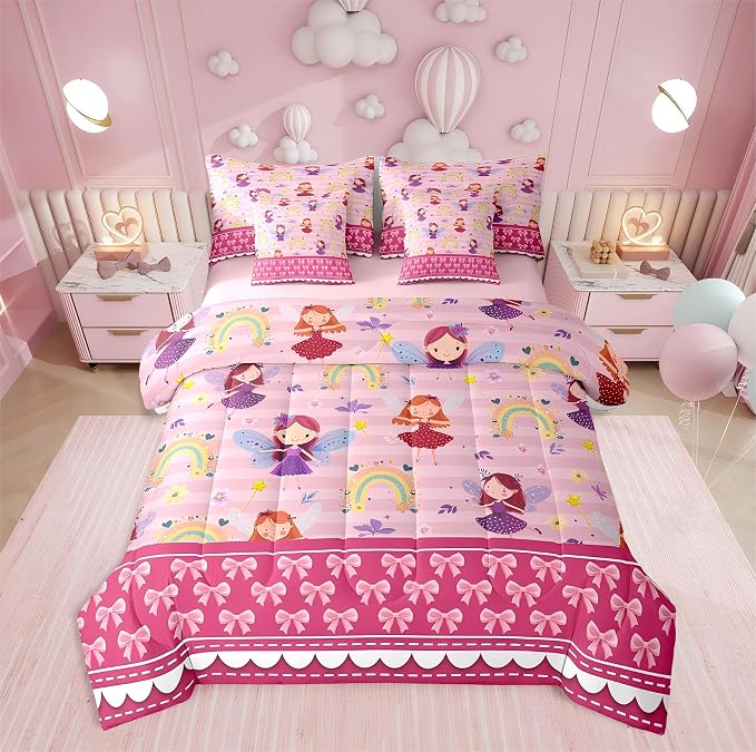 Erosebridal 7 Piece Magical Princess Kids Comforter Set King Bed in a Bag,Rainbow Girls Bedding Set for Child,Dreamy Pink Bowknot Sheet Set,Girly Cute Bow Bed Set,Pale Pink Stripes Duvet Insert by Erosebridal