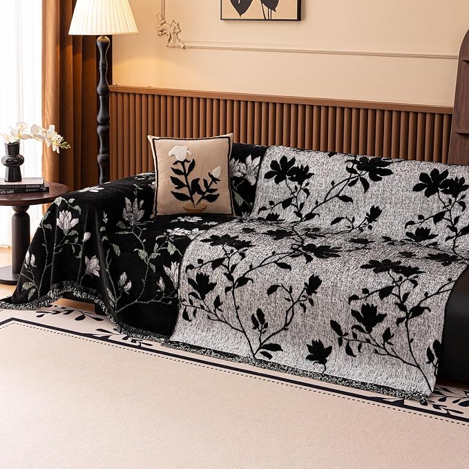STACYPIK Vintage Botanical Floral Couch Cover Garden Floral Black Jacquard Sofa Covers for 3 Cushion Couch Pet-Friendly, Textured Couch Covers for Dogs Protector Throw Slipcover Blanket-71X150IN - Image 8