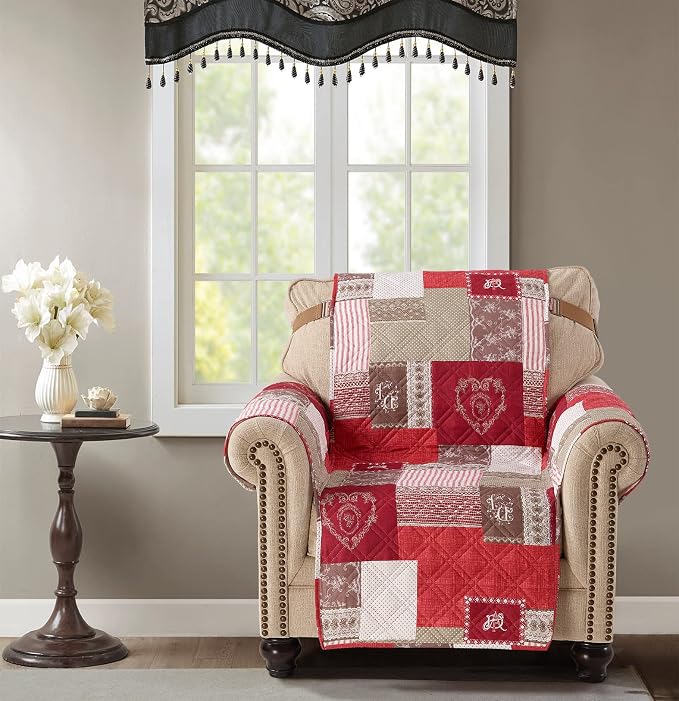 Brilliant Sunshine Burgundy Heart Love Couch Armchair Cover, 23" seat | Patchwork Design, Non Slip Sofa Cover, Quilted Furniture Protector, Washable Chair Slipcover for Pets, Dogs, Dogs & Cats - Image 2