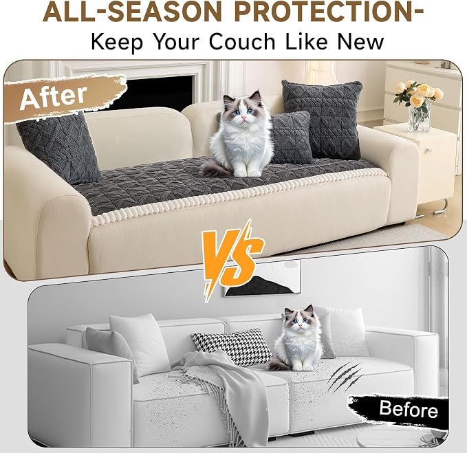OTOB All Season Couch Cover for Dogs Washable, Geometric Jacquard Non Slip Soft Fuzzy Pet Couch Covers for 3 Cushion Couch, Cozy Plush Sofa Slipcovers Protector Dog Mat (Dark Gray, 27.6" x 82.7") - Image 4