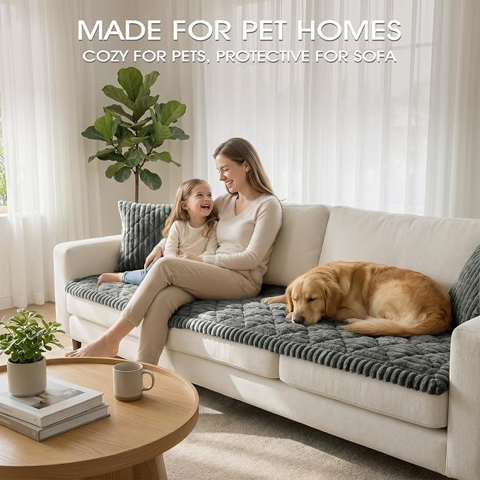 Non-Slip Washable Couch Cover for Dogs, Thick Plush Grid Flannel | 27.6"x82.7", Dark Gray, 0.8" Thick, Rubber Dot Backing, Pet-Friendly Protector for Sofa, Floor, Window Seat, Car or Camping - Image 2