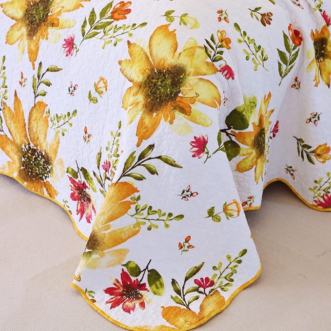 EVENHUG 100% Cotton Quilt Twin Size Yellow Sunflower Bedding Set Floral Lightweight Quilt Reversible Coverlet Bedspread with 1 Pillow Shams All Seasons 2 Pieces (68"x86") - Image 6