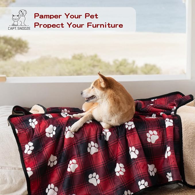 Waterproof Dog Blankets, 30"x40" Cat Blanket for Indoor Cats, Soft Fluffy Sofa Car Bed Protector, Reversible Sherpa Fleece Puppy Blanket for Small Medium Dogs Christmas Decor(Paw Red) - Image 6