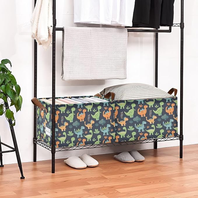 Sage Green Dinosaur Orange Black Baby Storage Basket with Labels&Handles Rectangular Waterproof Nursery Storage Bins Collapsible Shelf Organizer Baskets for Kids Books Cloth Gift Toys Laundry - Image 2