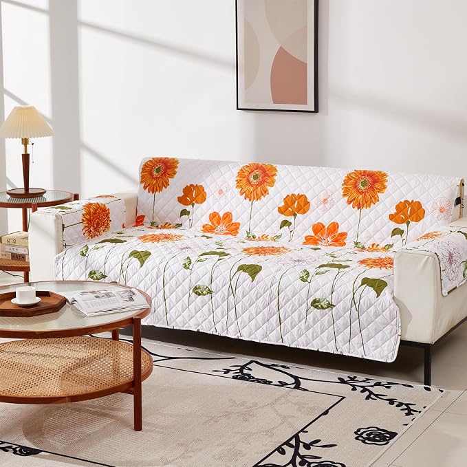 EVENHUG Sofa Cover for 3 Cushion Couch Sunflower Sofa Slipcover Washable 3 seat Couch Cover Furniture Protector Cover with Elastic Straps for Pets Kids Dog Cat (Sofa,Orange) - Image 6