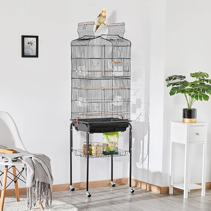 Yaheetech 64'' Open Top Bird Cage for Parakeets & Cockatiels, Black | Detachable Rolling Stand, Easy-clean Slide Tray, Multi-door Access, 3/8" Bar Spacing, Indoor/Outdoor Use - Image 2