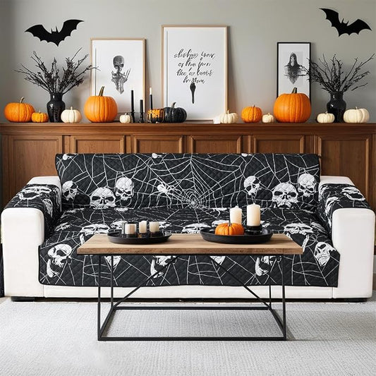 Cmfshape Halloween Sofa Slipcover-Black with Spider,Skull,Pet Friendly Couch Covers for 3 Cushion Sofa,Washable Sofa Protector for Holiday,Anti-Slip with Elastic Band by cmfshape-quiltset