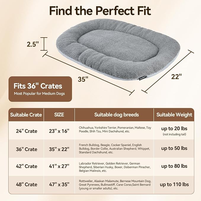 Dog Bed for Crates, Medium Dogs 35x22, Washable, Dual-Sided | Reversible Plush & Oxford Pad, Warm & Cooling Cushion, All Seasons Comfort, Soft Thick Support, Oval, Grey Durable Fabric - Image 4