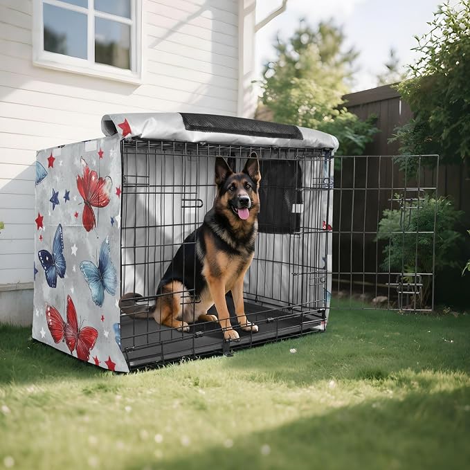 Dog Crate Cover Kennel Cover for Dog Cages Breathable for Wire Cage Indoor Outdoor Grey Patriotic Butterflies Stars - Image 8