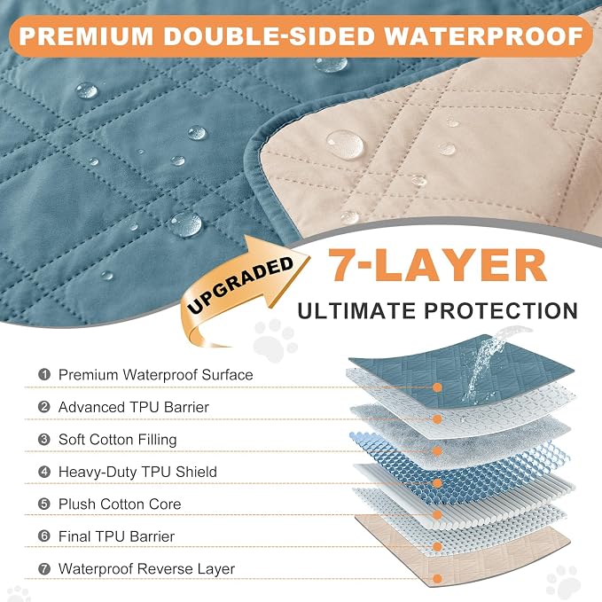 100% Waterproof Dog Bed Cover Pet Blanket(30"x71"),7-Layer Reversible Washable Sofa Couch for Furniture Car (Gray Blue+Apricote) - Image 2